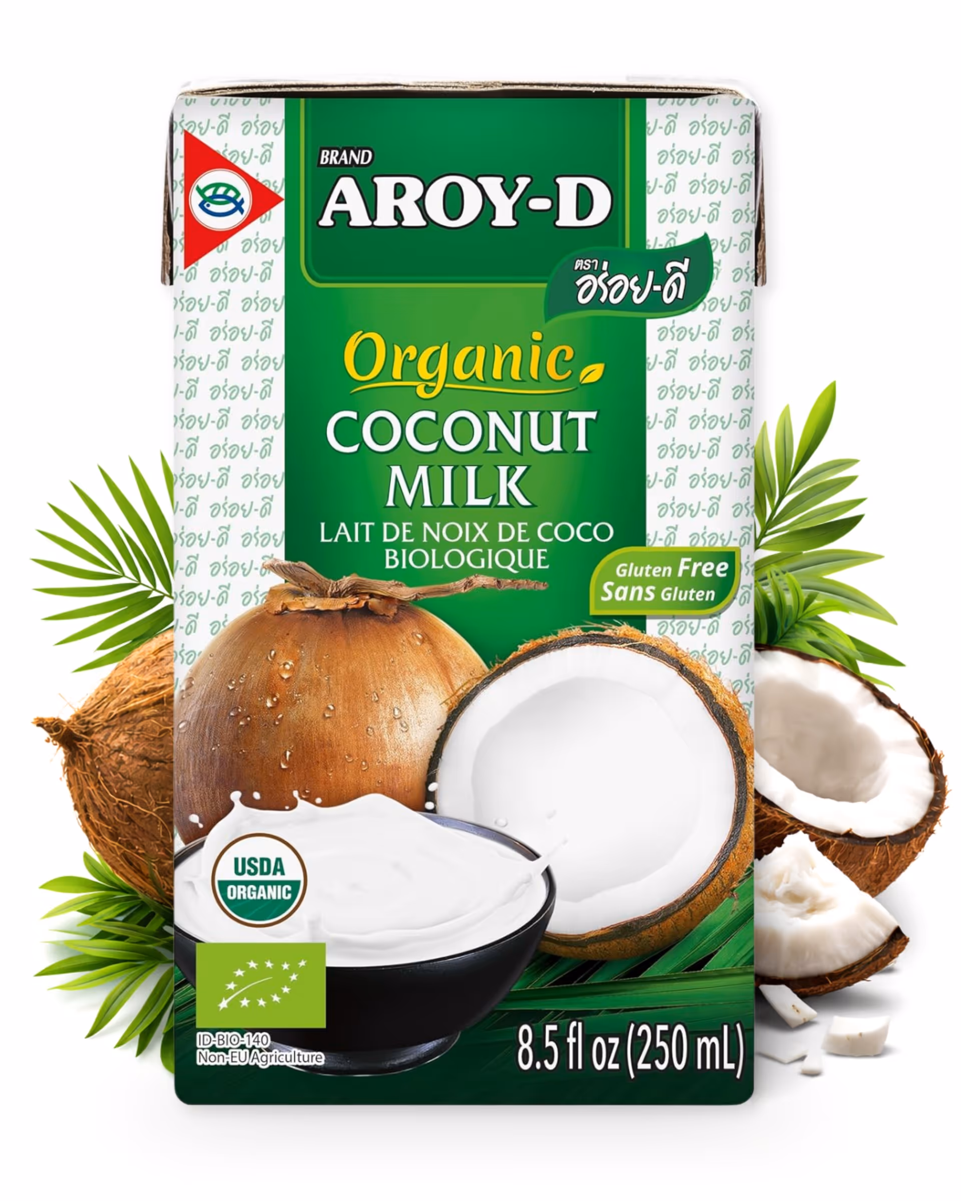 AROY-D Organic coconut milk carton with coconuts and bowl of coconut milk, 8.5 fl oz container.