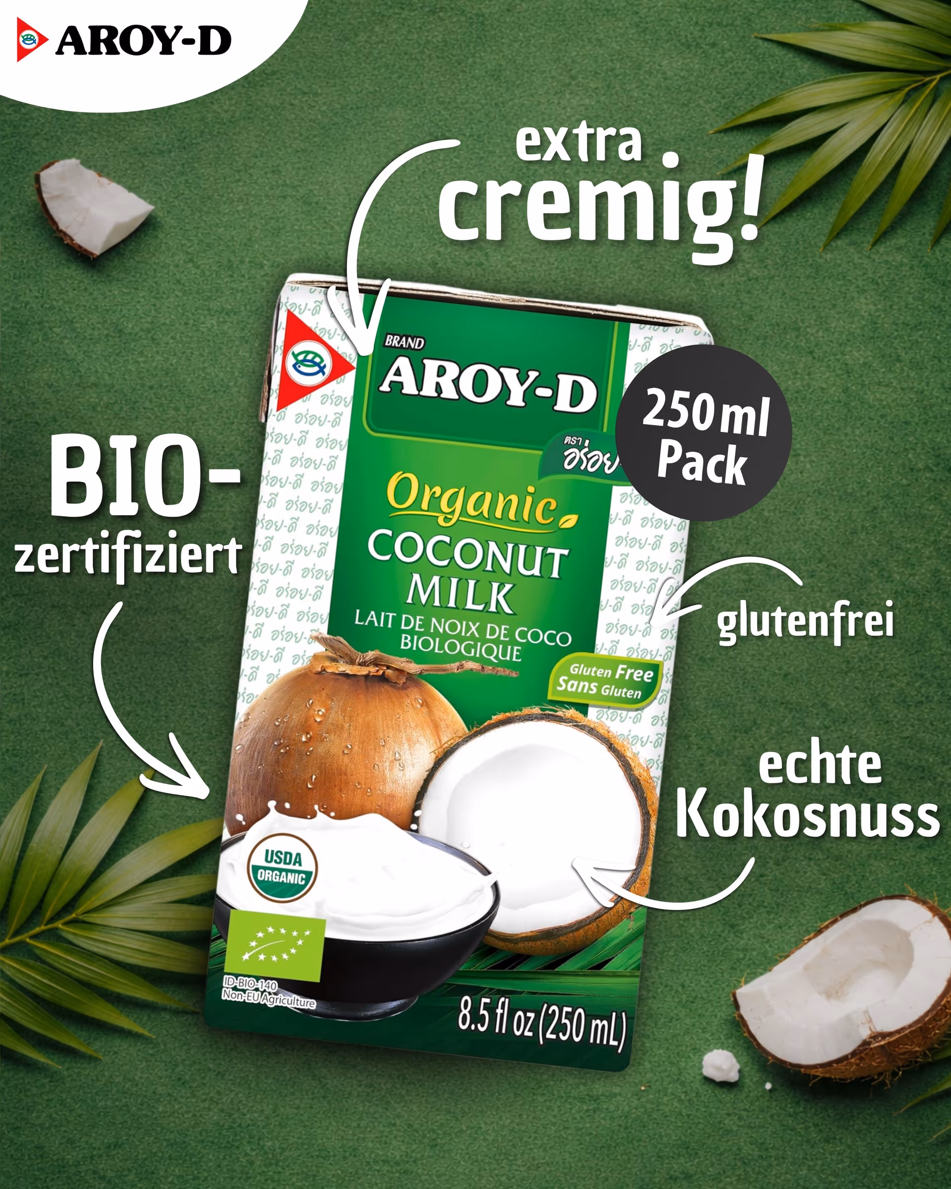 Packung Bio-Aroy-D Kokosmilch, extra cremig, glutenfrei, echte Kokosnuss, 250 ml.