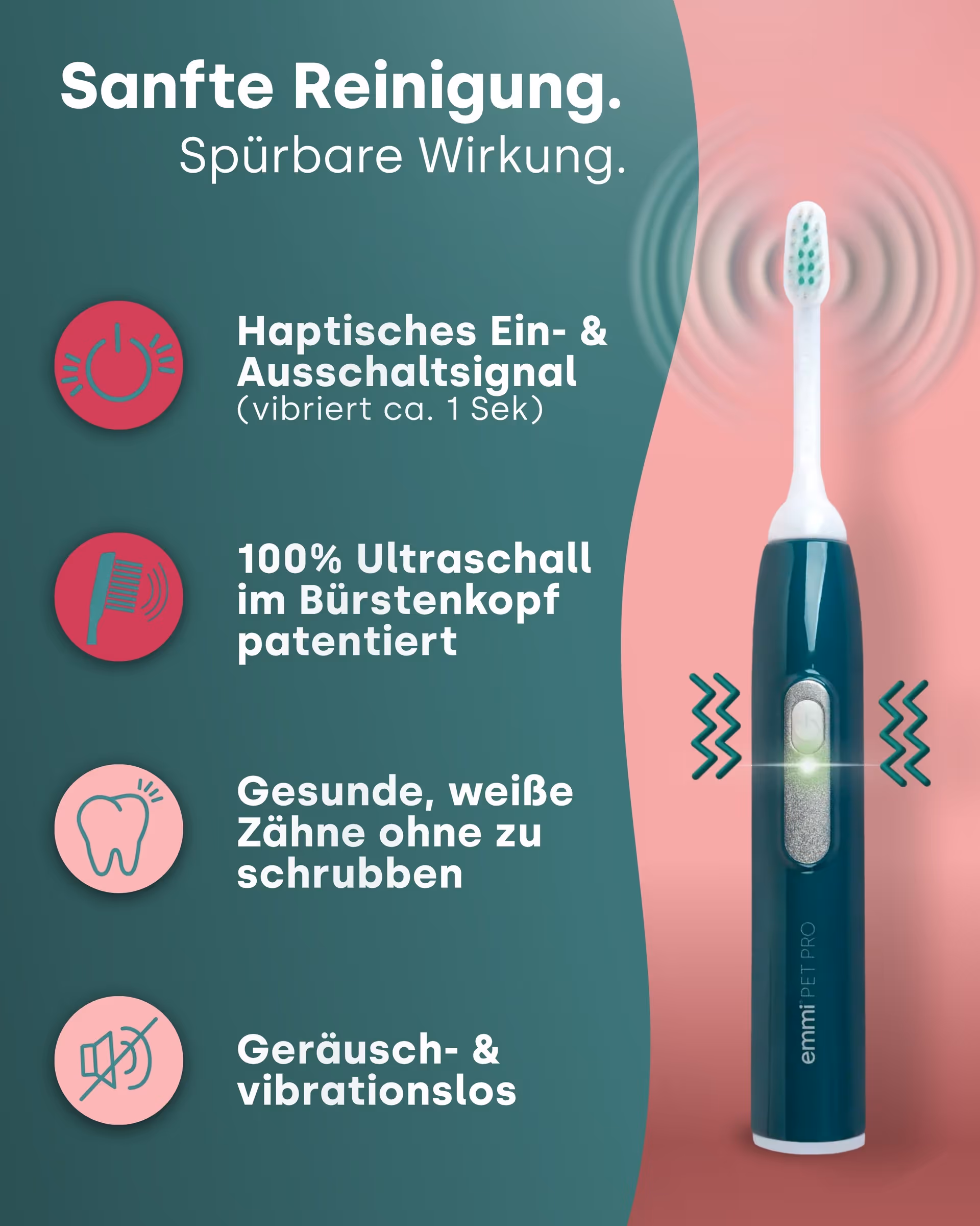 Elektrische Zahnbürste mit Vibrationsanzeige und Text zu sanfter Reinigung und Ultraschalltechnik.