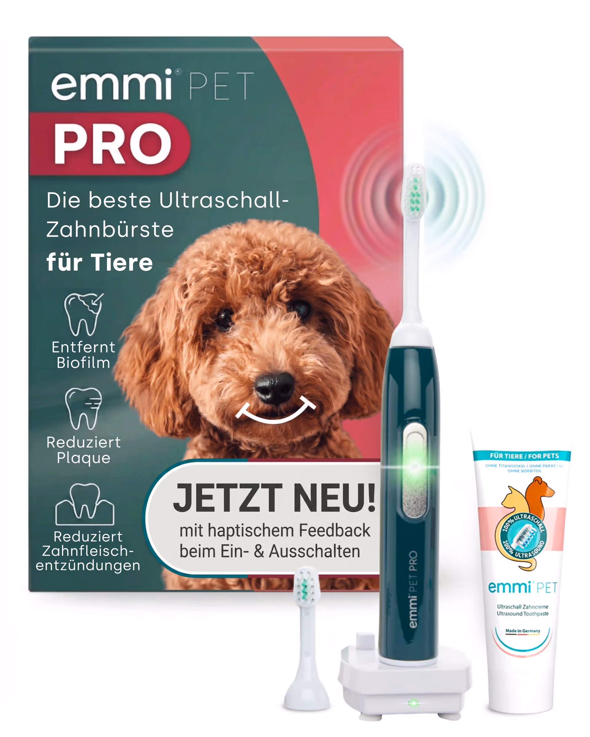 Emmi PET PRO Ultraschallzahnbürste mit Ersatzbürste und Zahnpasta für Tiere, Hundebild im Hintergrund.