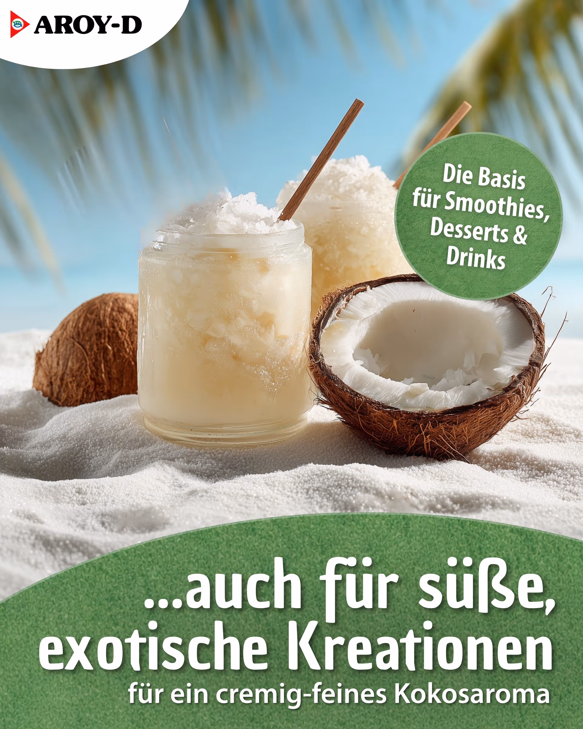 Glas mit cremigem Kokosdessert neben einer halben Kokosnuss auf Sand unter Palmenhimmel.