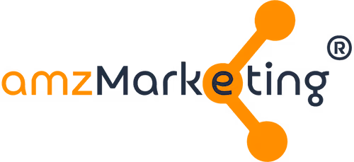 Logo mit Schriftzug amzMarketing in Orange und Blau mit verbundenen Punkten am Buchstaben e.