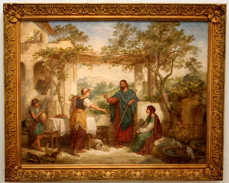 Framed painting 'The Promised Land' by Heinrich Hofmann, depicting a man standing with a staff and two women in a garden setting, one holding a jug