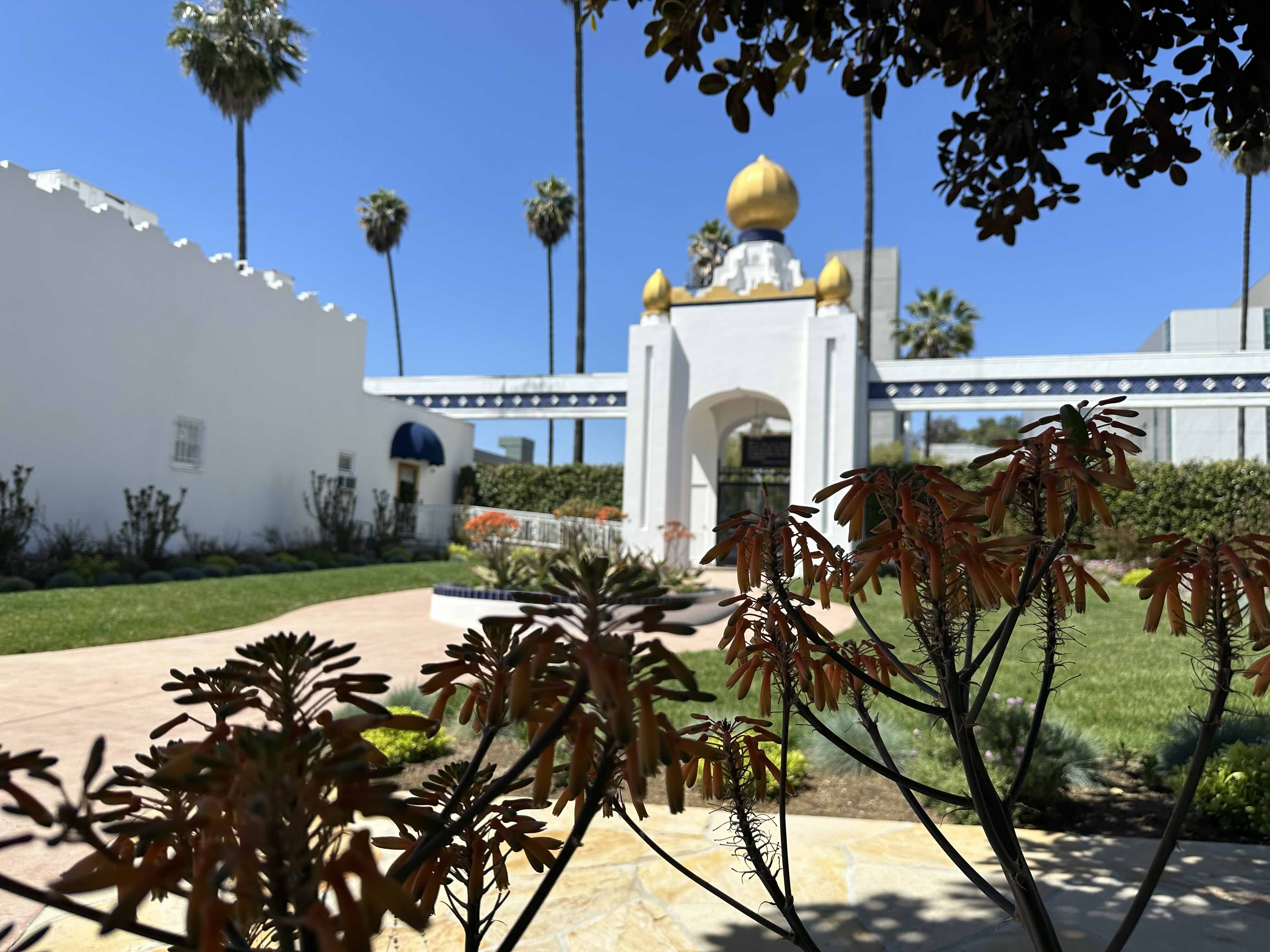 White building with gold dome and palm trees behind orange aloe flowers in garden on a clear day.