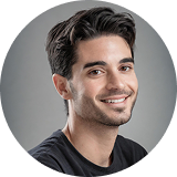 Circular portrait avatar of a smiling man on a dark neutral background.