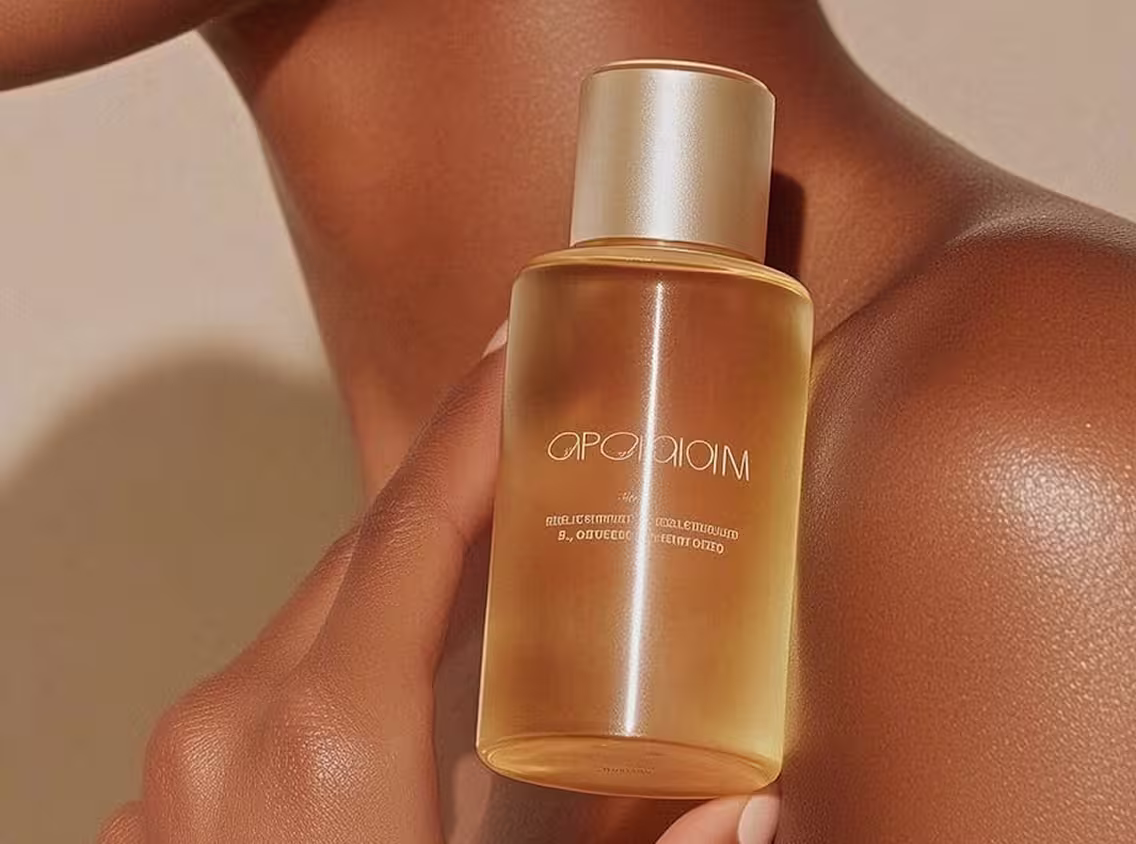 Close-up of a hand holding a small glass bottle/dropper with warm lighting.