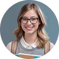Circular portrait avatar of a smiling woman wearing glasses on a neutral background.