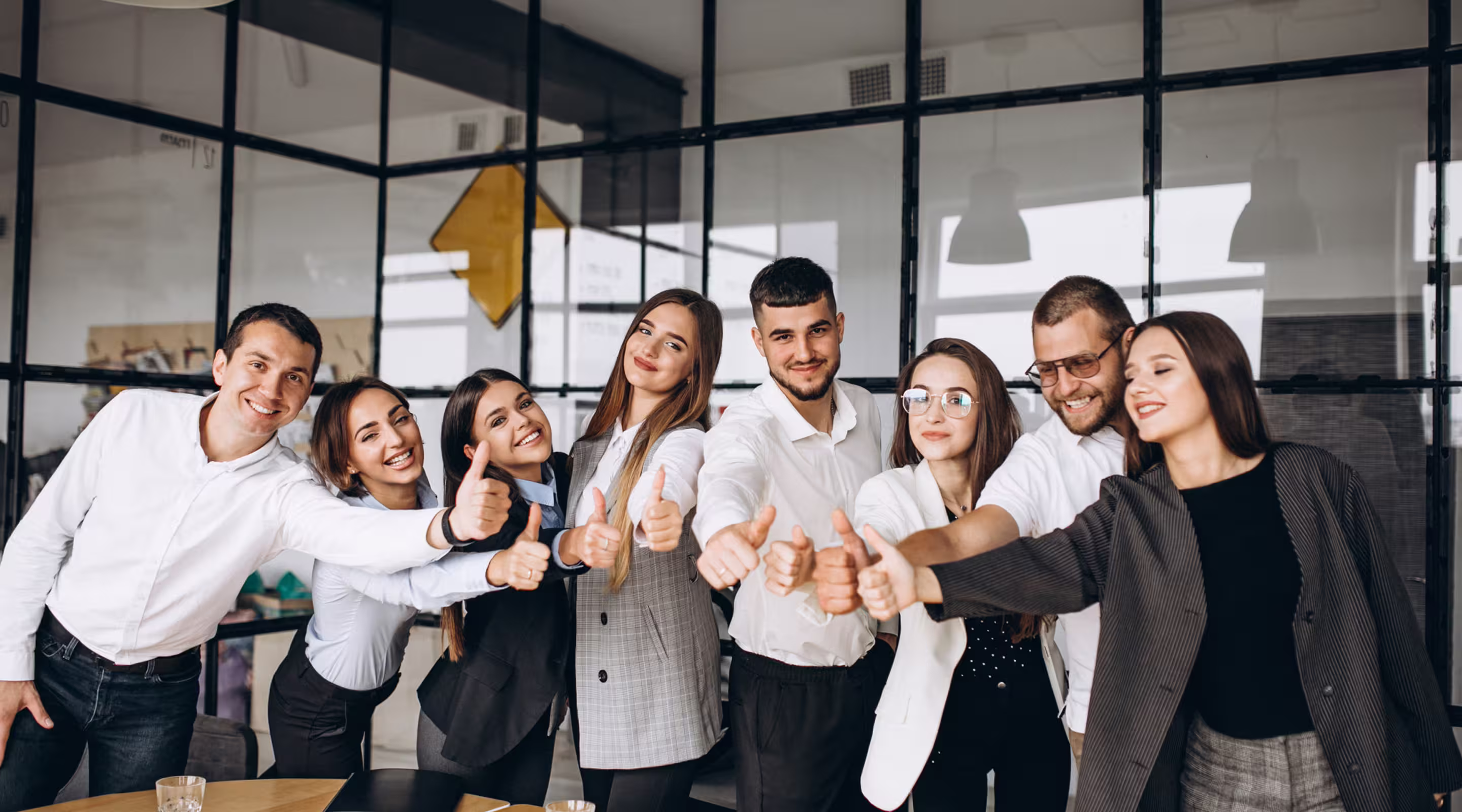 A group of coworkers celebrating together in a modern office setting.