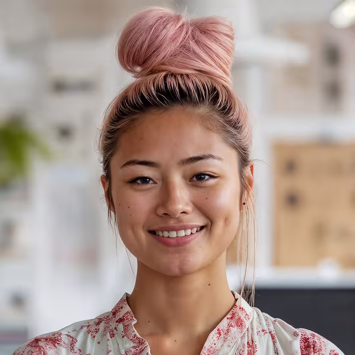 Smiling person with hair in a top bun in a bright indoor setting.