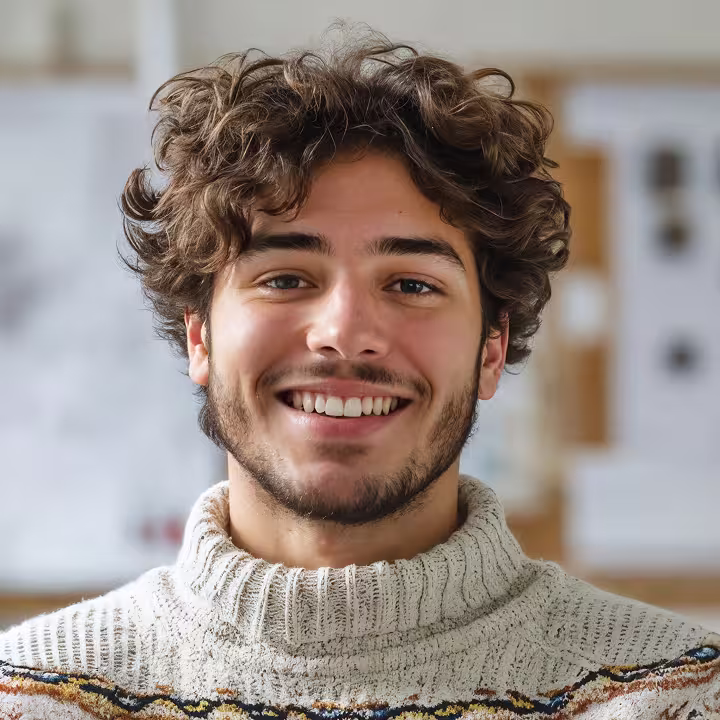 Smiling person with curly hair in a bright indoor setting.