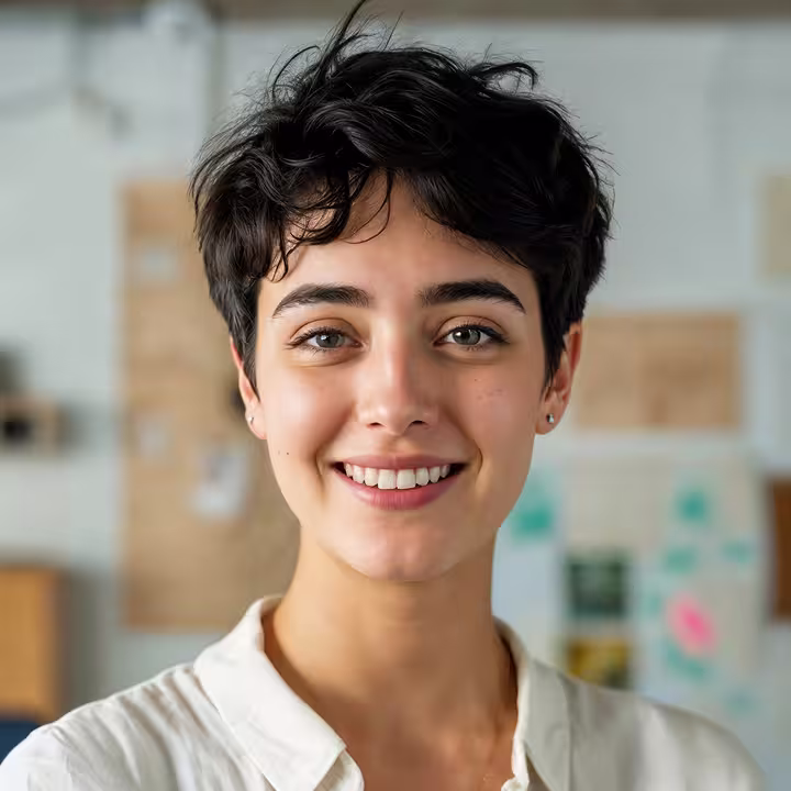 Smiling person with short hair in a bright indoor setting.