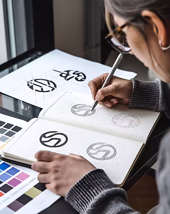 Hands reviewing and arranging printed typography sheets on a desk during a design process.