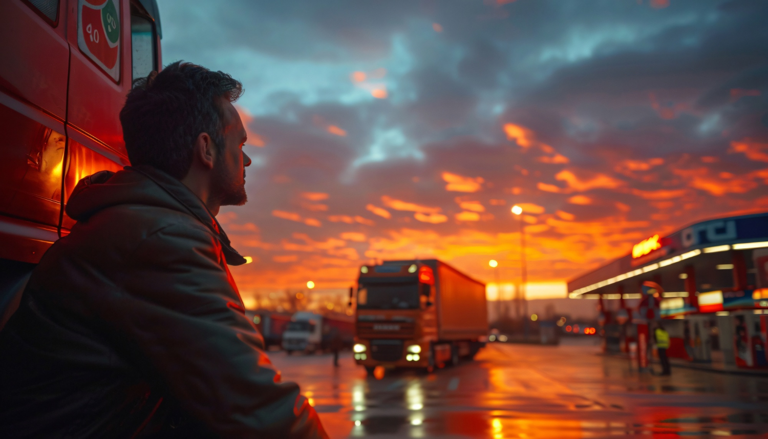 Logistics trucks at depot with worker at sunset