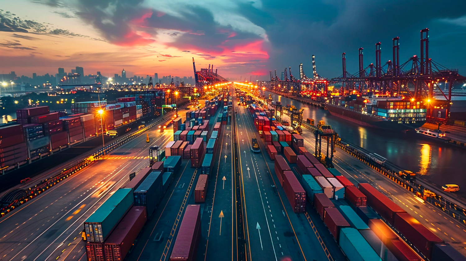 Container port at sunset with trucks and stacked shipping containers.
