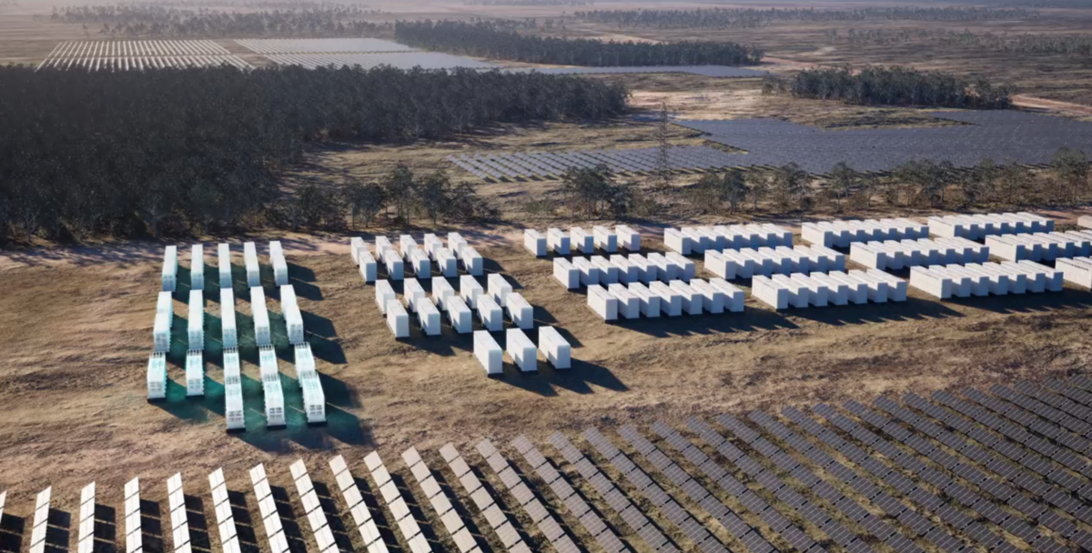 Aerial view of solar farm infrastructure in Western Downs Region with rows of panels and surrounding rural landscape.