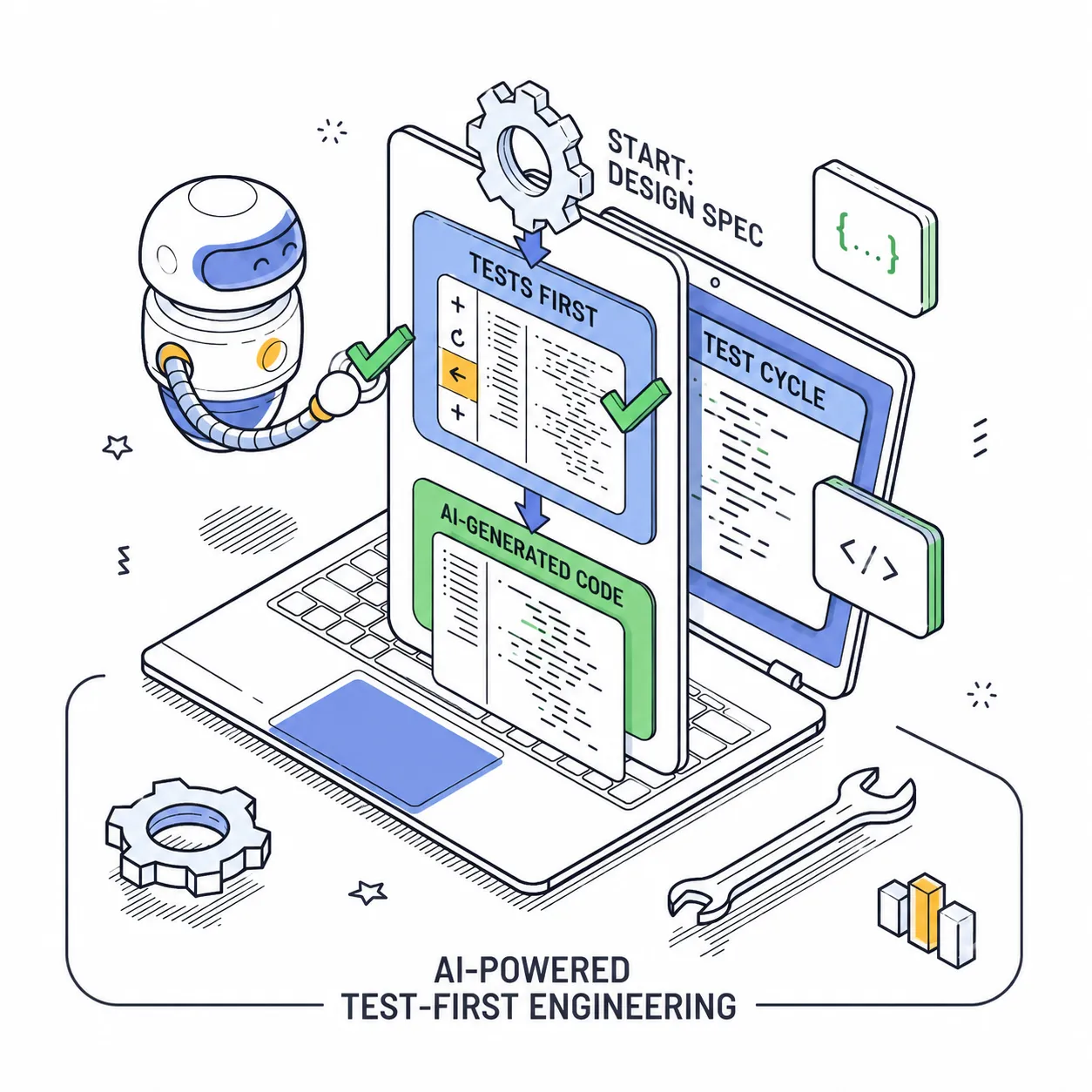 An engineer reviewing an AI-drafted test suite on screen during the test-first stage