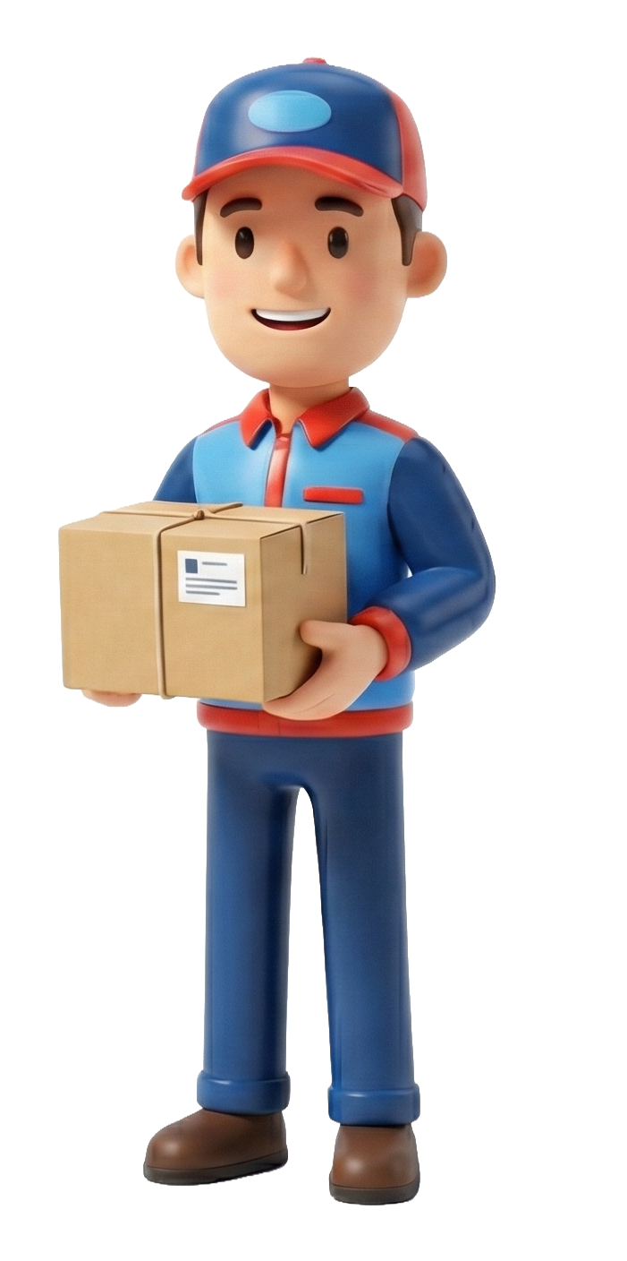 Uśmiechnięty kurier w niebiesko-czerwonym uniformie trzymający kartonowe pudełko victoria sport
