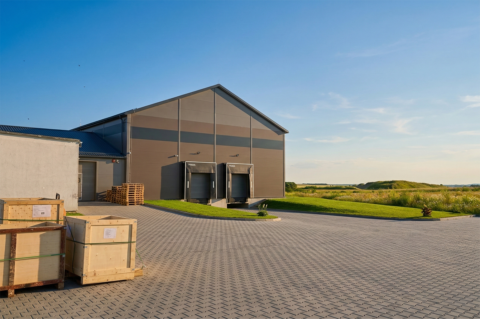 Nowoczesny magazyn z dwoma dokami załadunkowymi i drewnianymi skrzyniami na brukowanym podjeździe.