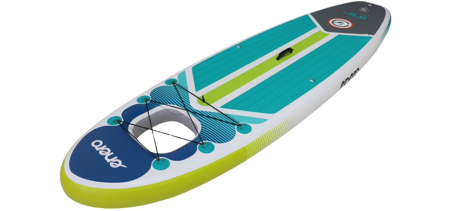 Nadmuchiwany aqua blue i żółto-zielony deskorolka SUP z uchwytem na środku i linkami bagażowymi victoria sport