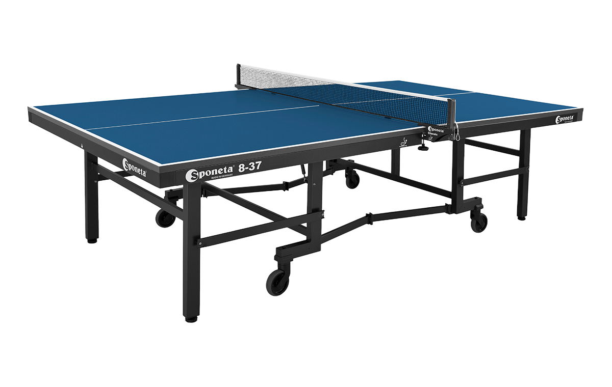 Stół do tenisa stołowego Sponeta 8-37 z niebieską powierzchnią i czarną ramą na kółkach.