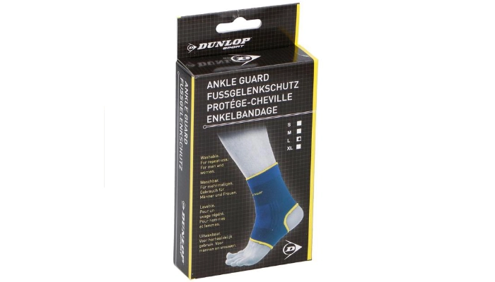 Opakowanie ochraniacza na kostkę Dunlop Sport w rozmiarze M, koloru niebieskiego z żółtym wykończeniem.