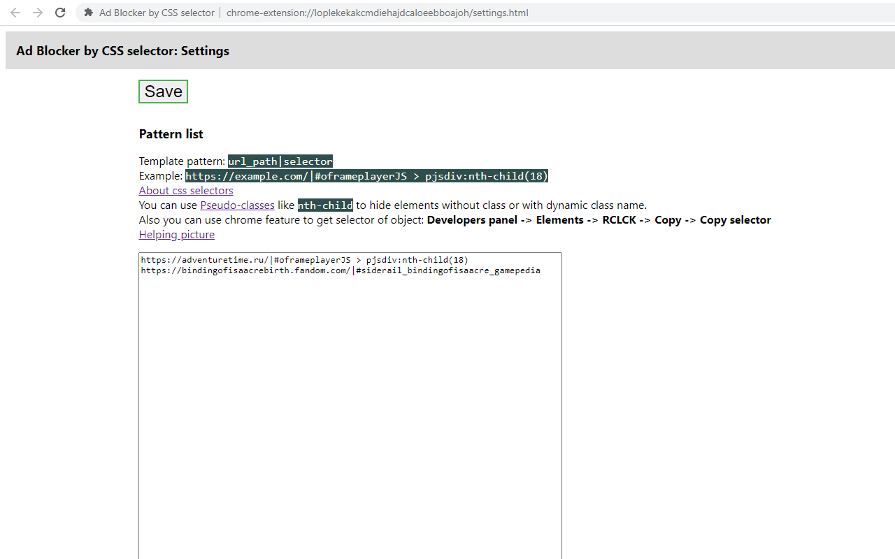 ad blocker by css selector settings