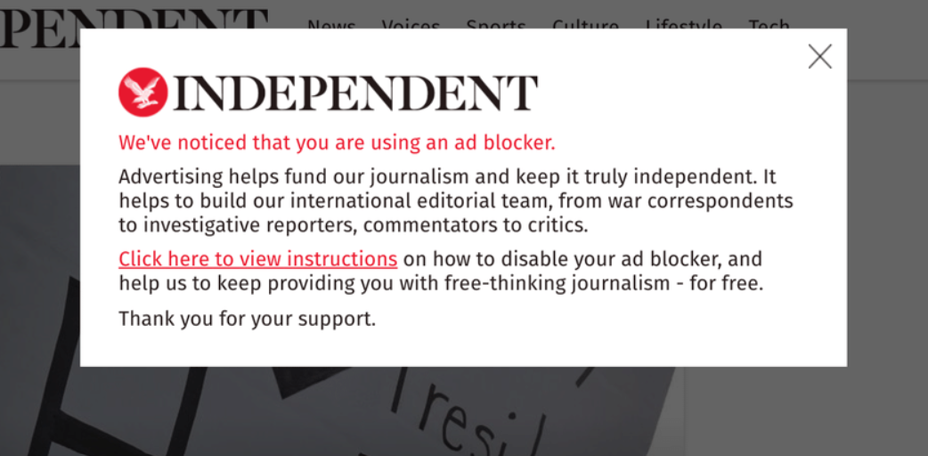 independent screenshot for using an ad blocker notice