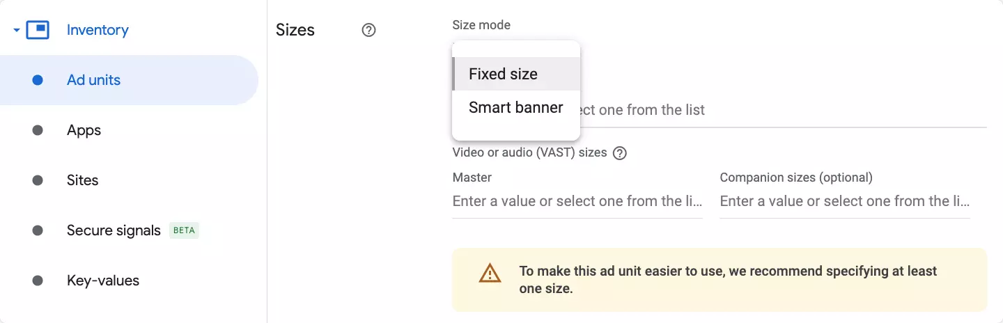 Select Ad Unit Size