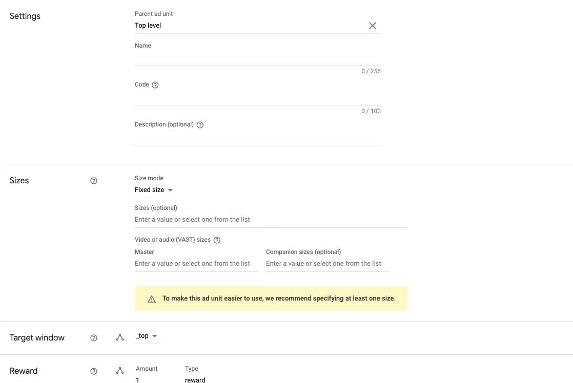 Create an ad unit in ad manager