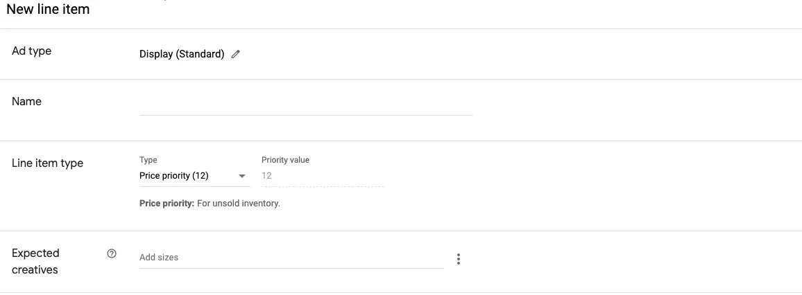 Create line item in ad manager