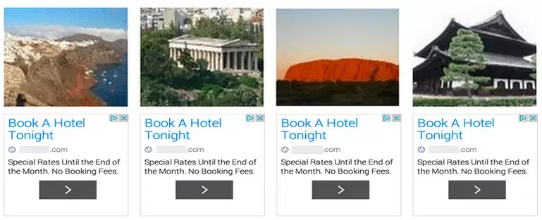 Example of misleading ad alignment showing hotel ads placed below unrelated travel images