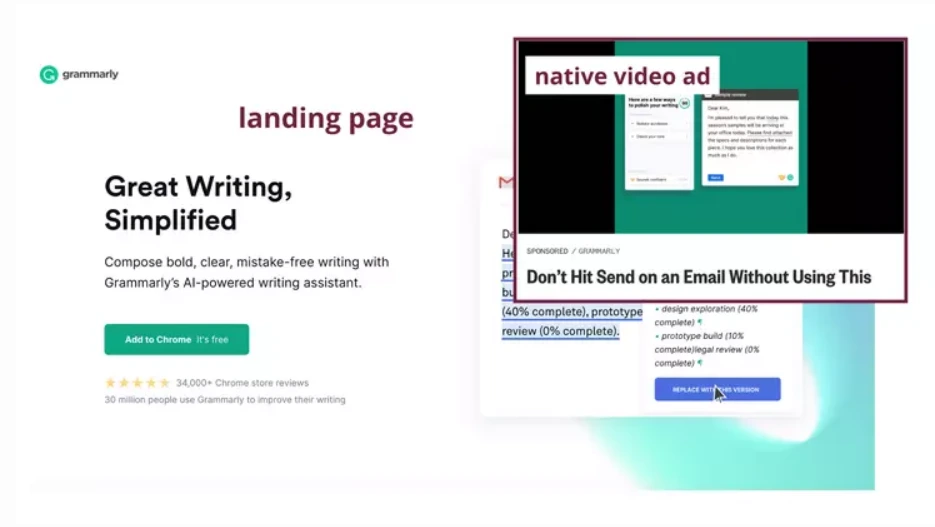 Example of a native video ad and landing page by Grammarly demonstrating non-intrusive ad formats for better user experience.