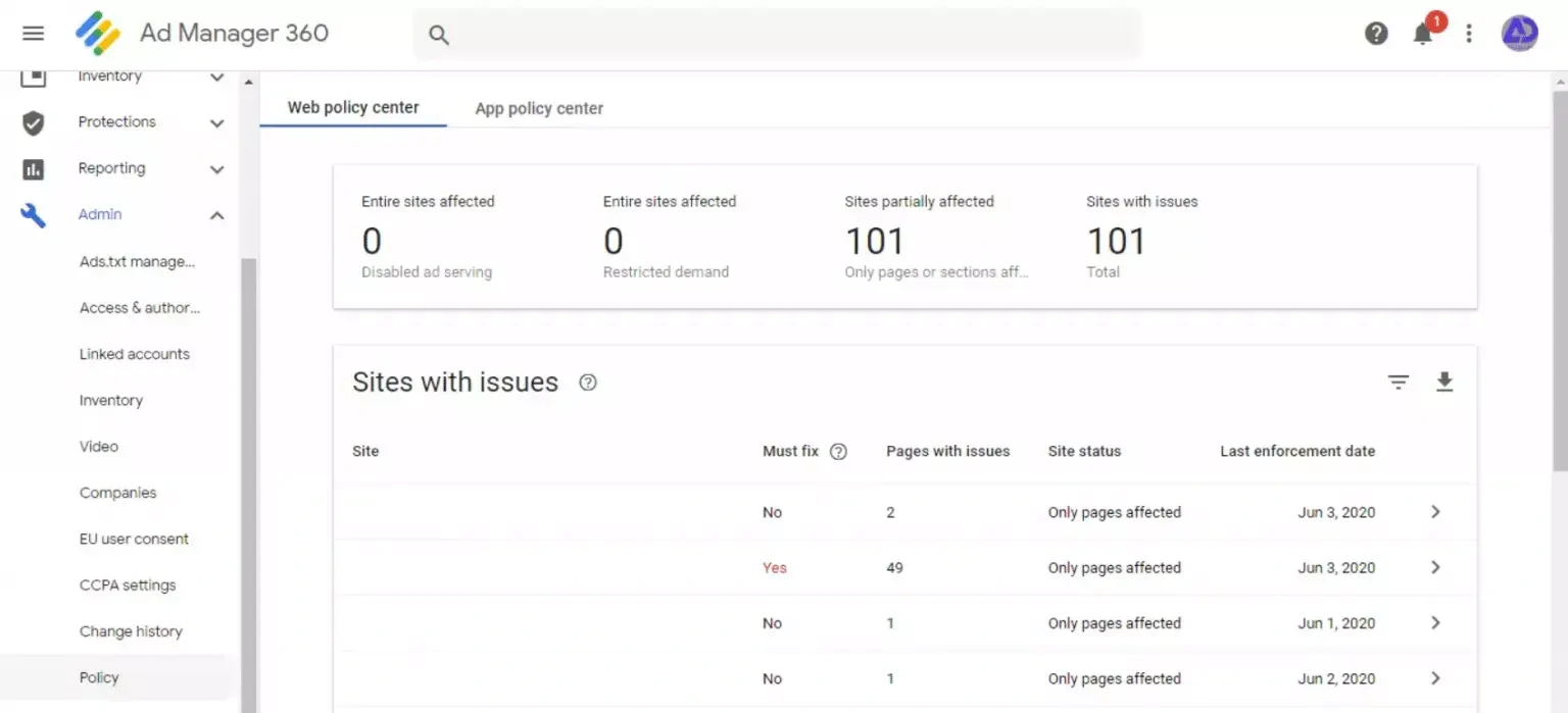 Google Ad Manager policy center showing sites with issues and policy enforcement details