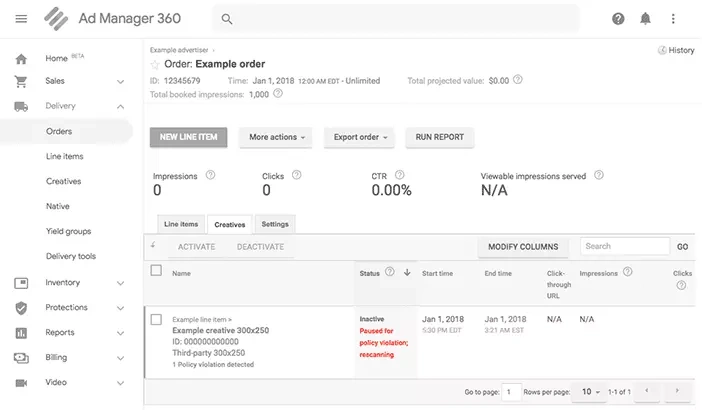 Google Ad Manager dashboard showing inactive ad creatives paused for policy violations