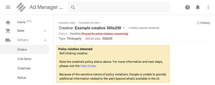 Google Ad Manager showing ad creative paused for policy violation due to self-clicking issue