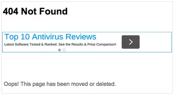 Example of a policy violation showing an ad displayed on a 404 error page