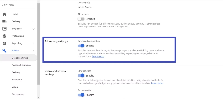 Google Ad Manager settings showing how to enable optimized competition under ad serving settings