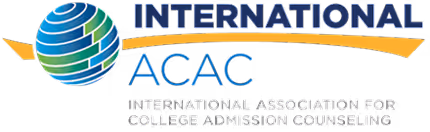 Logo of International ACAC featuring a globe with blue, green, and white stripes, a gold swoosh, and the text International Association for College Admission Counseling.