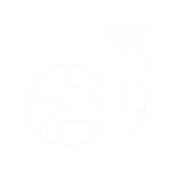 White line drawing of Earth and a paper airplane flying away with a looping trail on a black background.