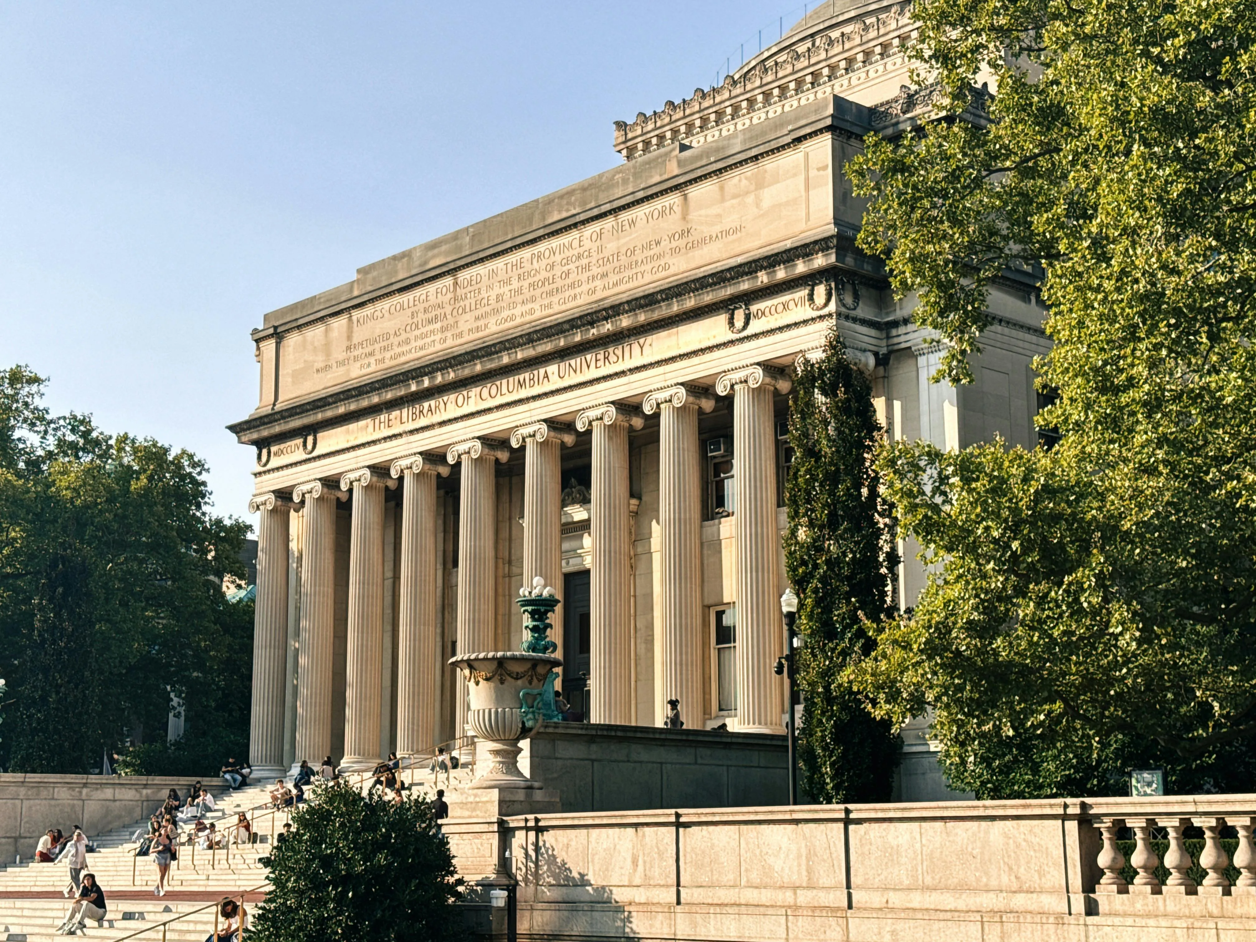 Library on the Columbia University Campus with Students on the Front Steps.