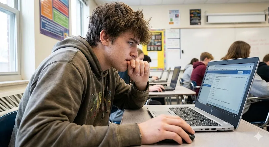 A high school student feeling anxious about taking a test at his computer.