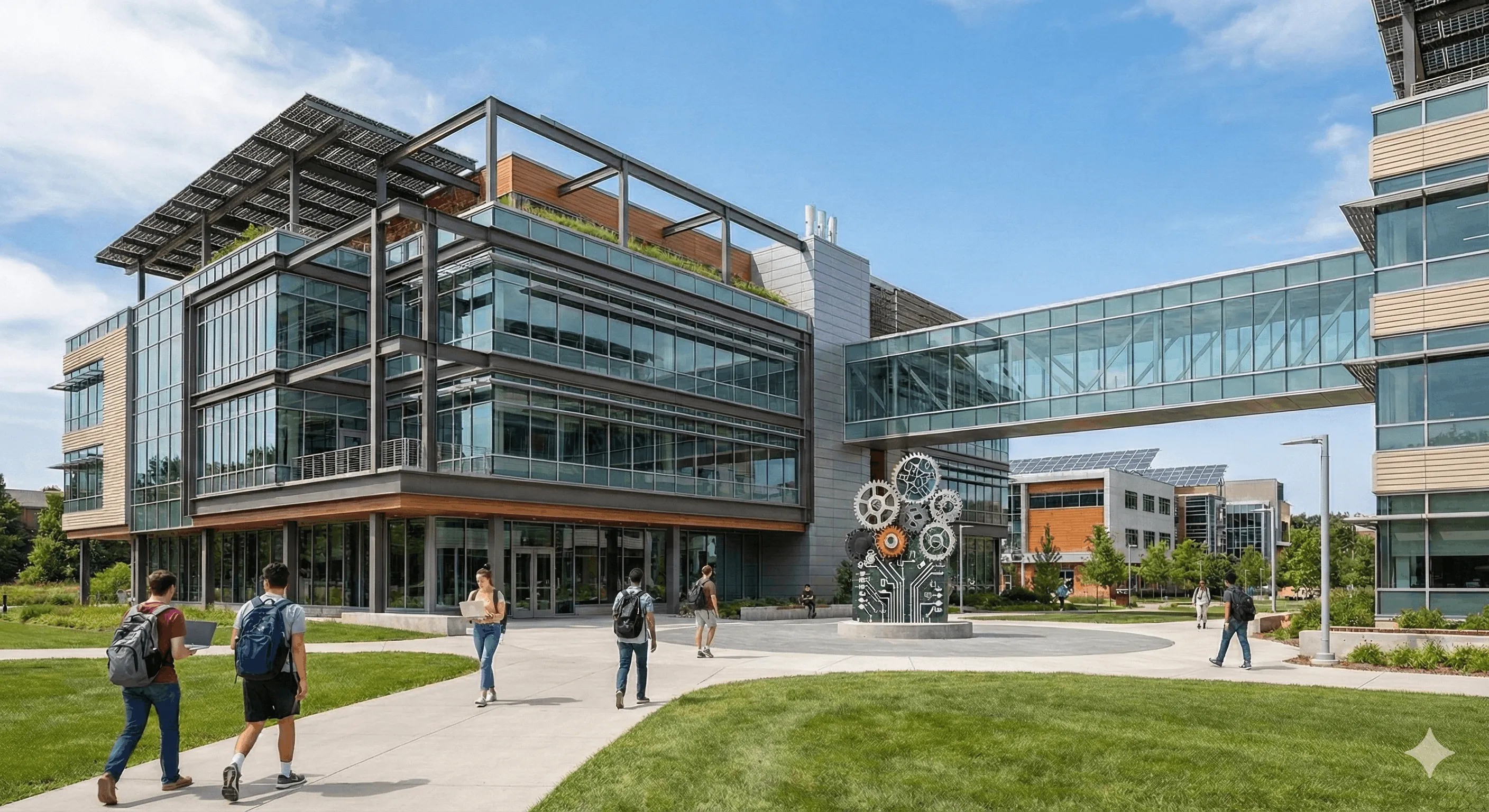 College students on a modern campus with technology and engineering buildings.