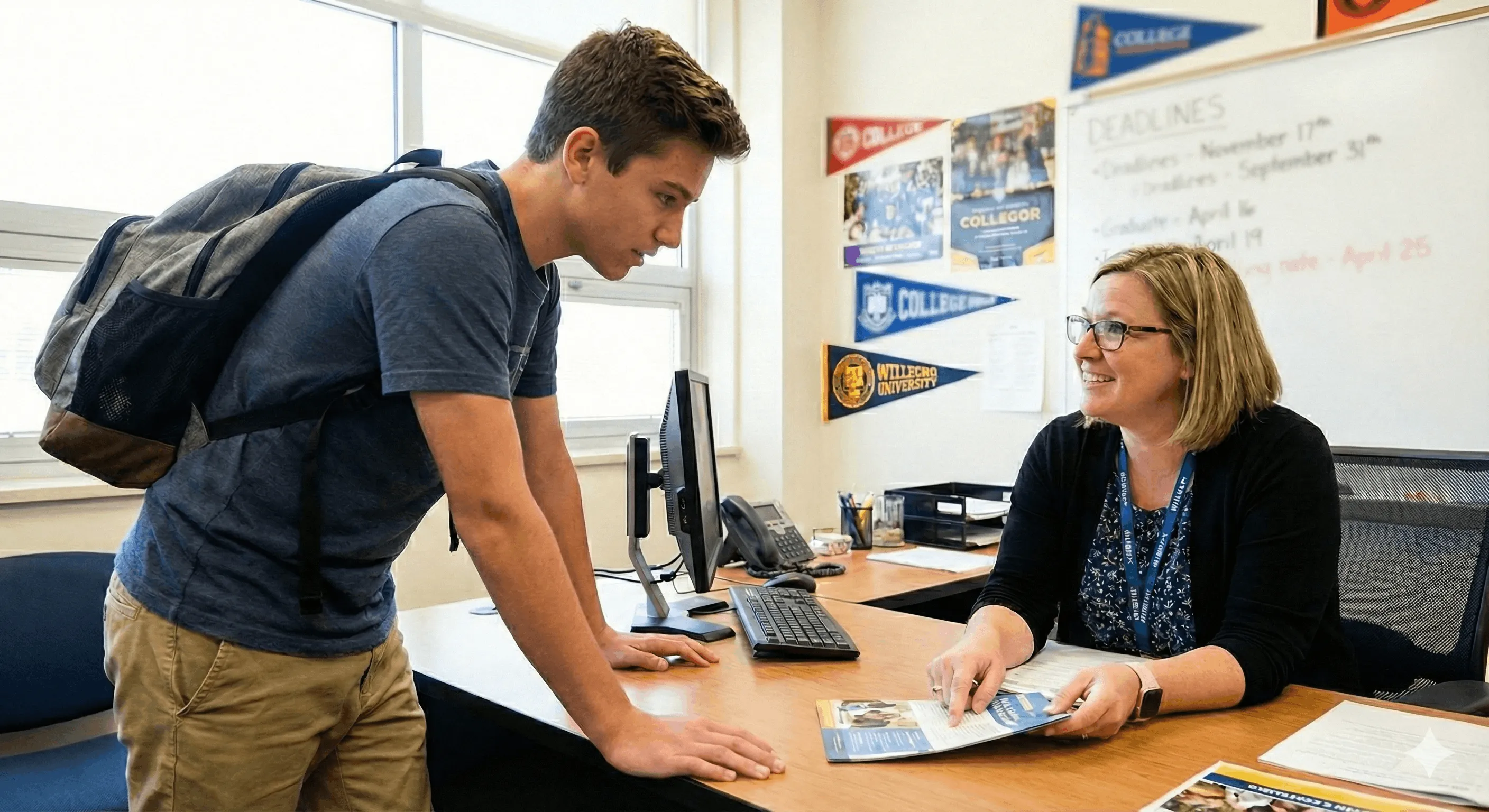 A high school student asking his counselor questions about his college applications.