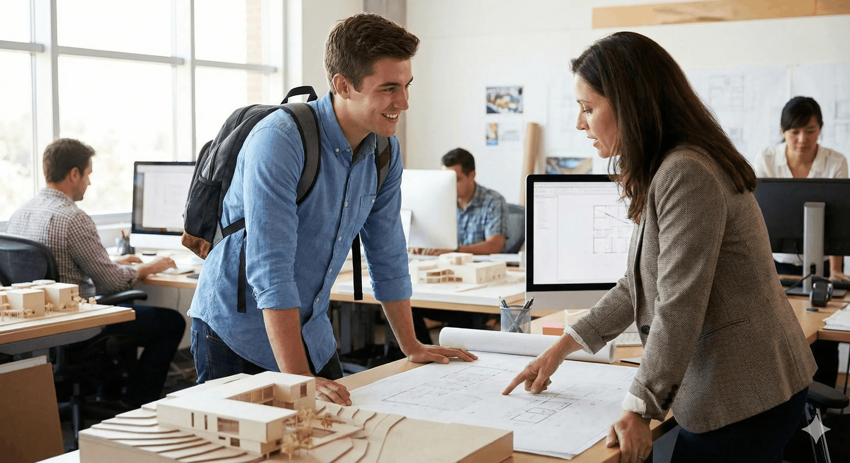 A college student working consulting with his internship mentor.