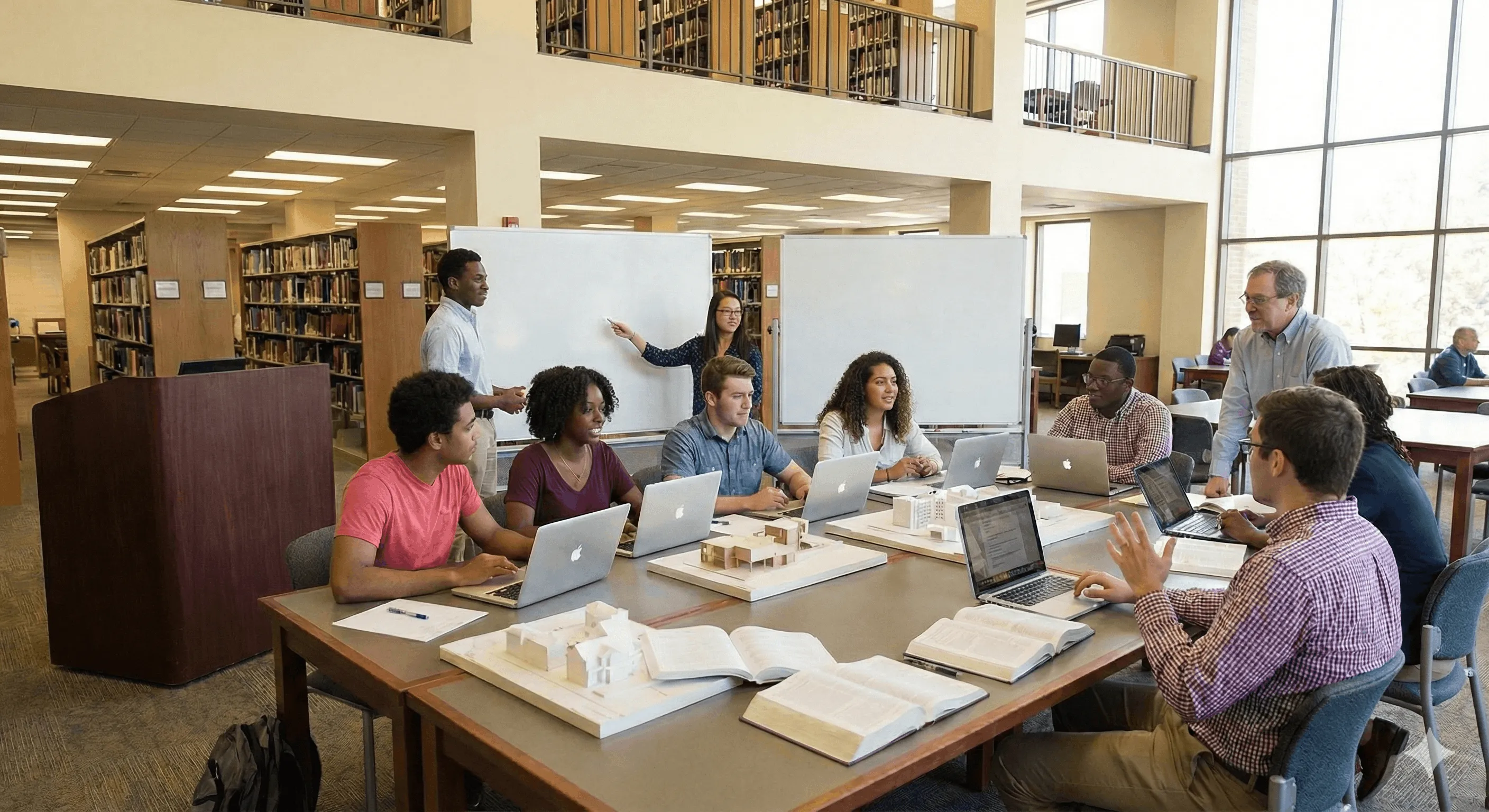 A group of students sitting around a table in a library talking to a teacher.