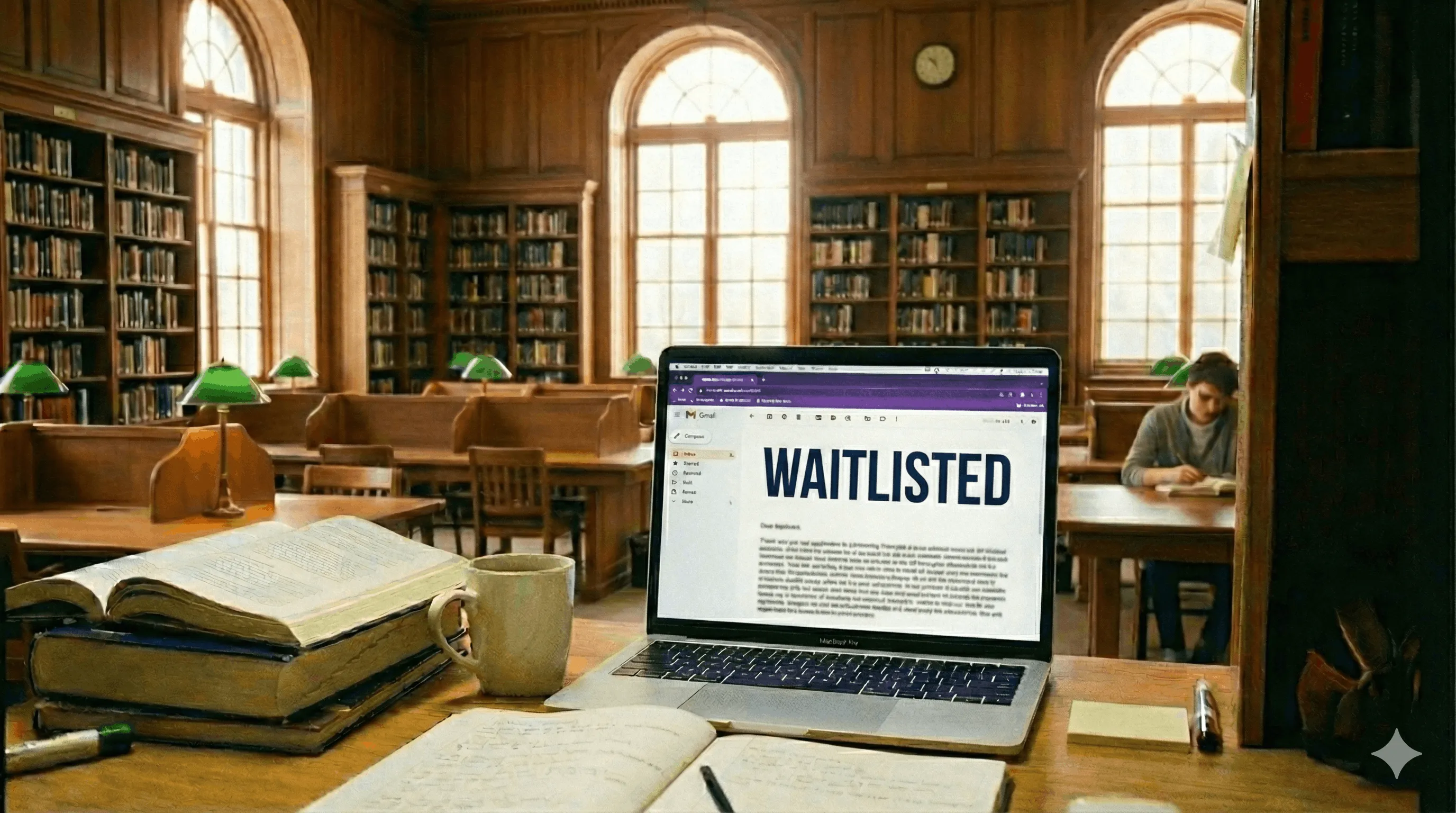 A laptop sits on a wooden library desk surrounded by stacks of books, a coffee mug, and an open notebook, displaying an email notification with the word "waitlisted".