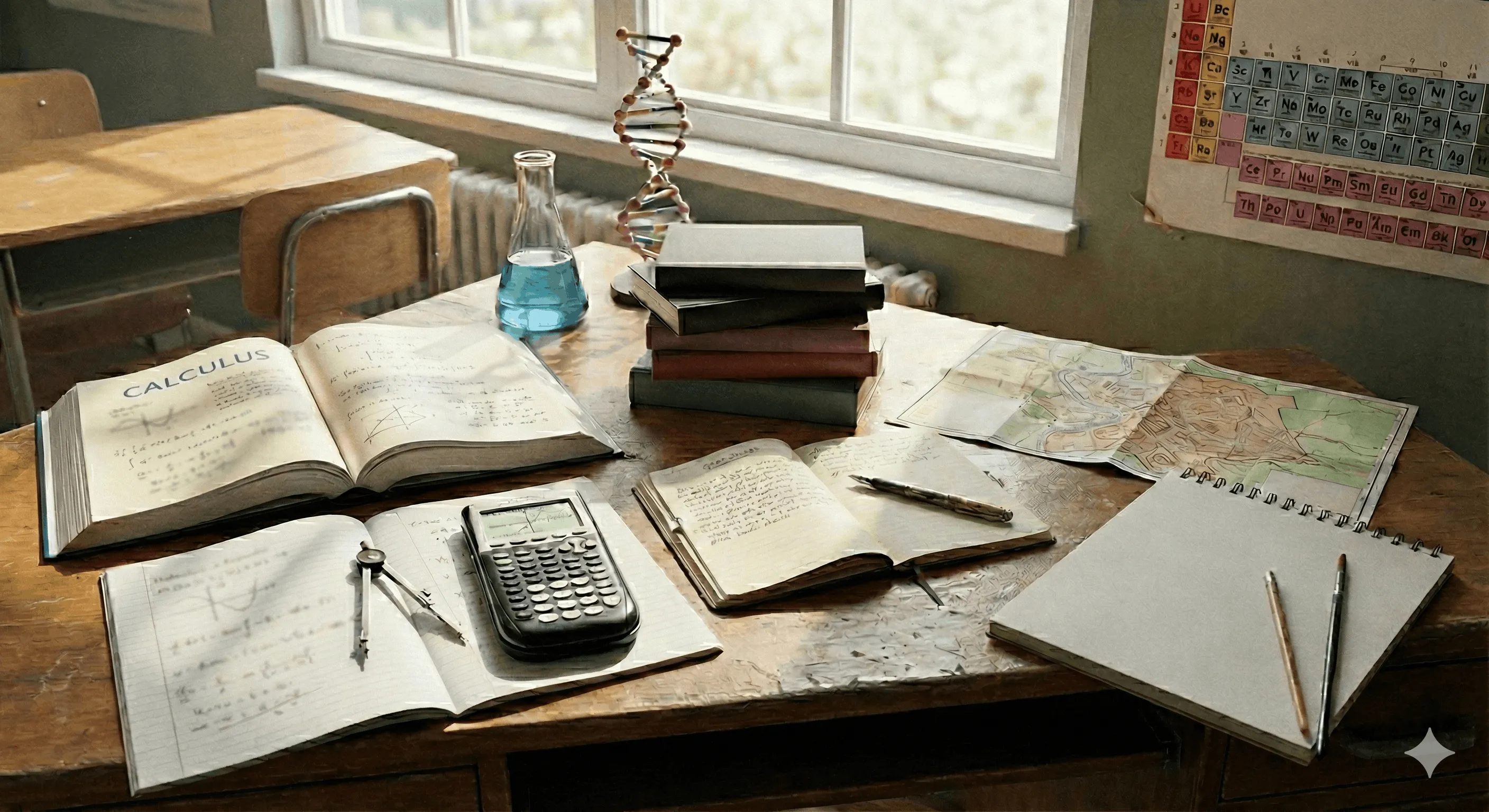 A sunlit wooden desk with high school study materials representing various subjects, including an open calculus textbook, a DNA model, a calculator, a map, and a sketchbook.