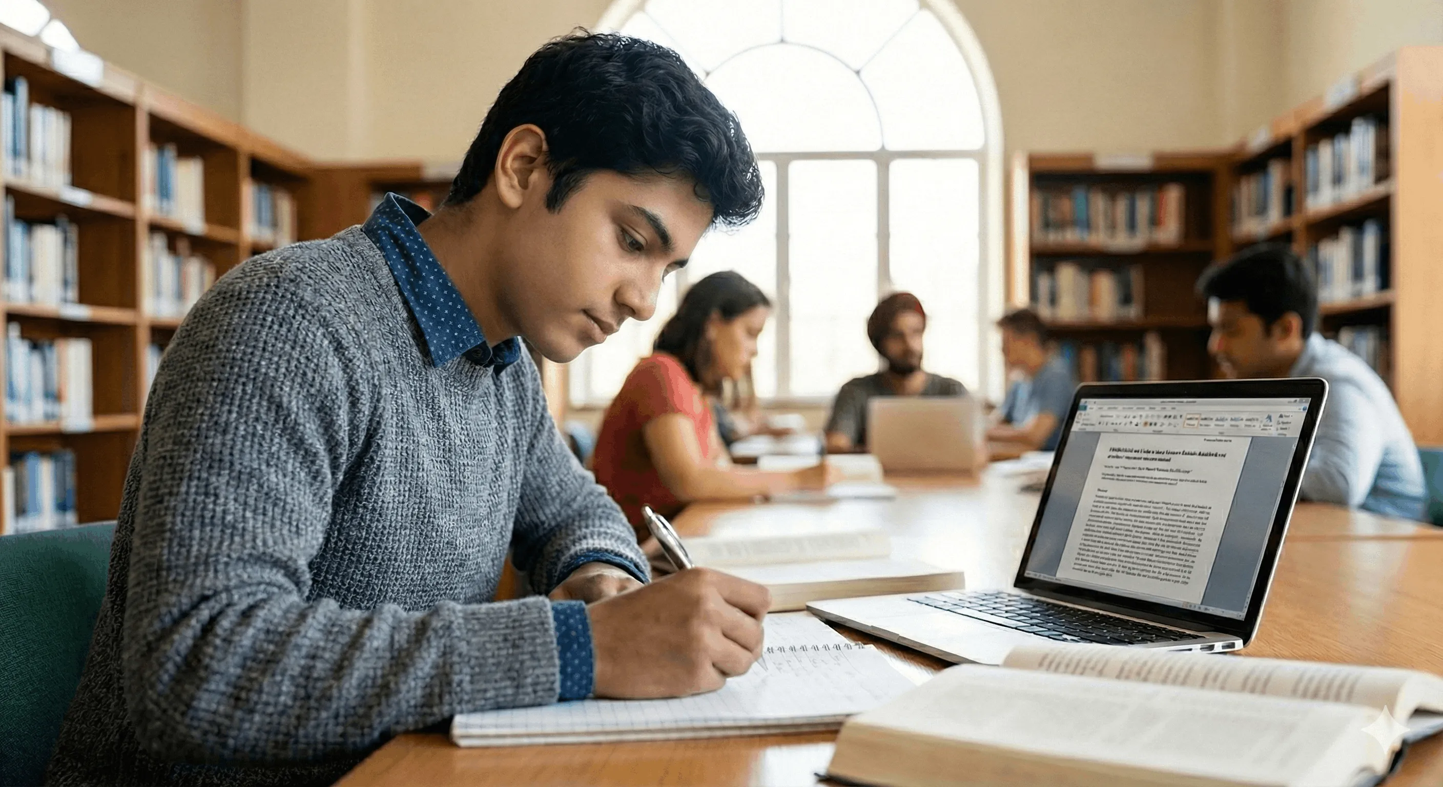 A student takes notes while working on a laptop in a library.