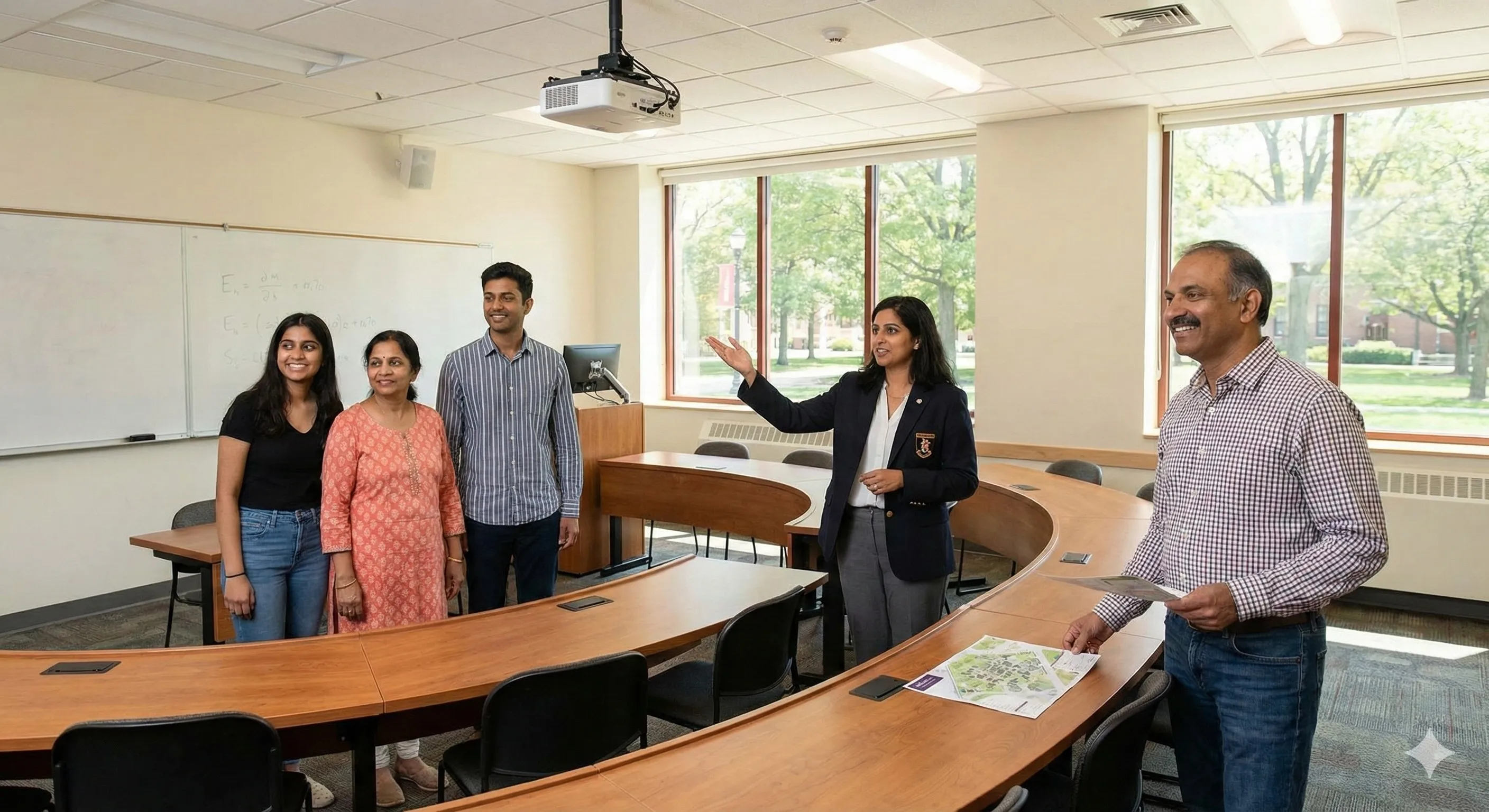 A college admissions representative speaks with a family during an on-campus information session in a classroom.