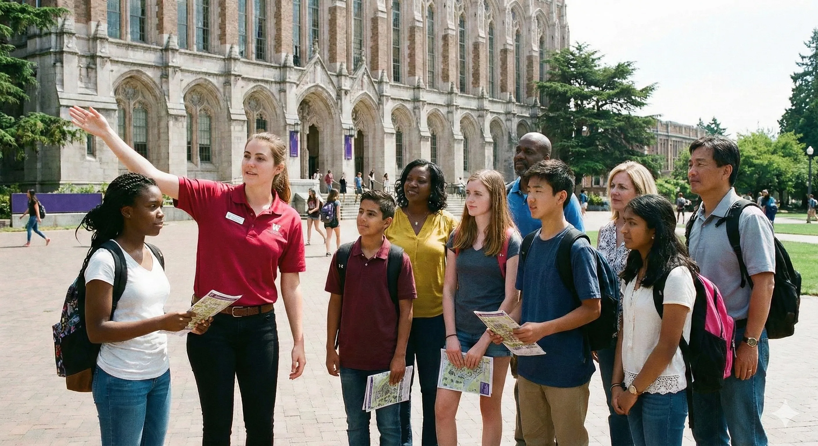 A campus tour guide gestures while speaking to a group of prospective students and parents outside an academic building.